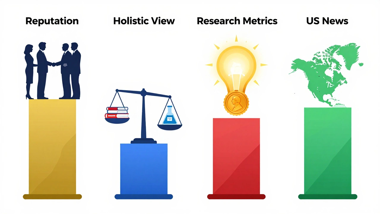 Abstract pillars representing four different ranking methodologies