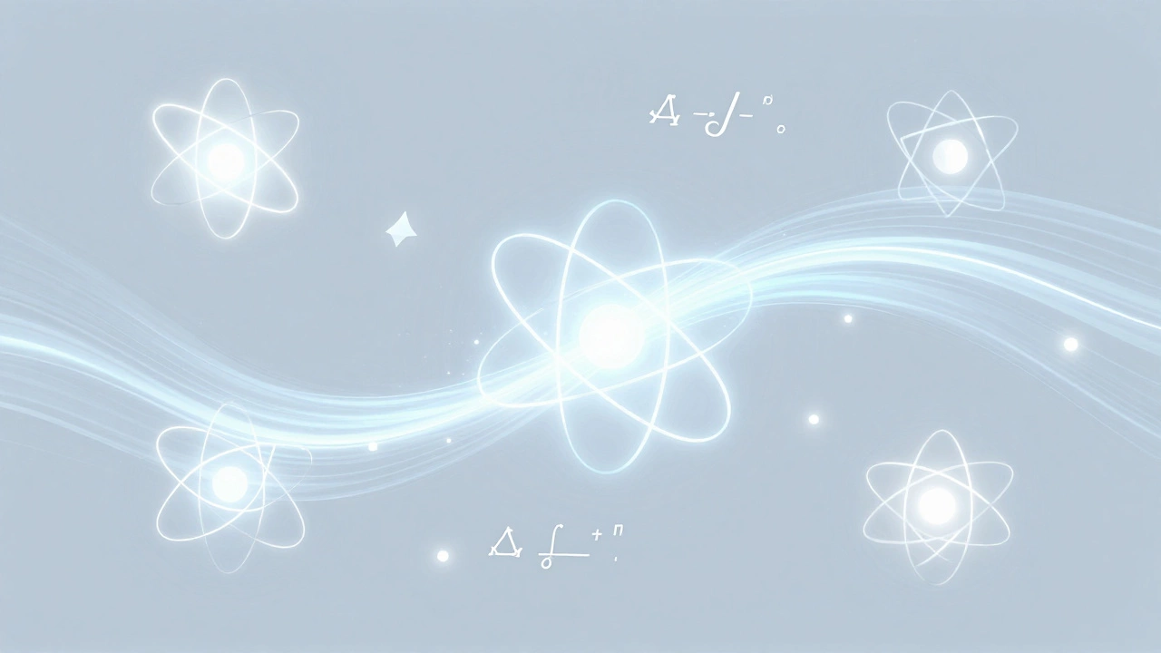 Abstract visualization of physics concepts like atoms and formulas floating in space.