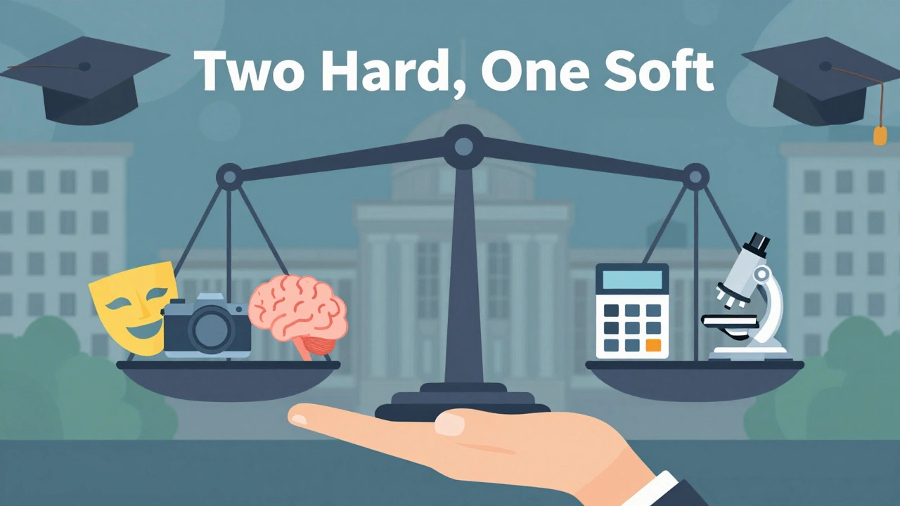 Balanced scale weighing easier arts subjects against harder sciences for university prep