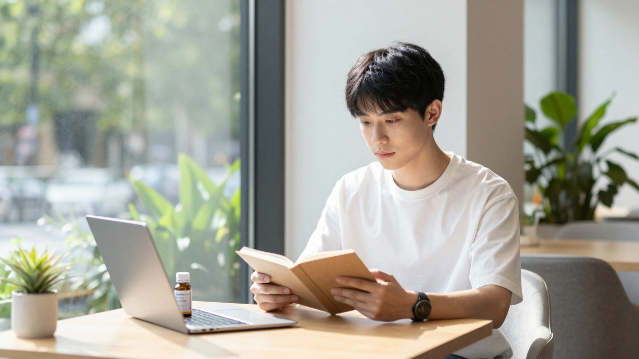 Calm student studying with supplements in a sunny library