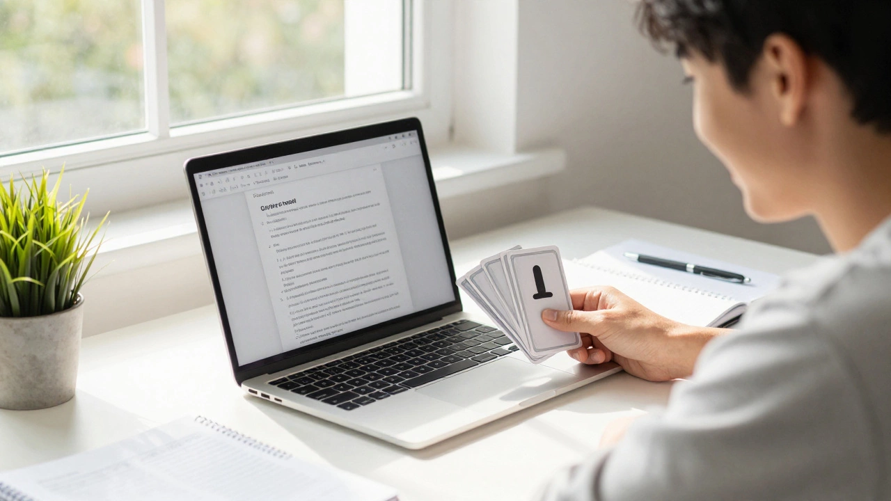 Confident student studying with flashcards and sunlight streaming into a tidy room.