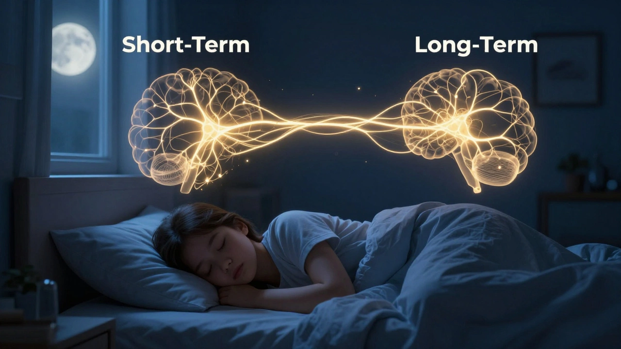 Glowing neural pathways connecting memory centers above a sleeping student.