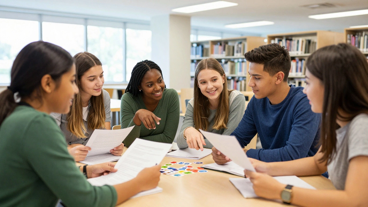 Group of students collaborating and studying together in a library