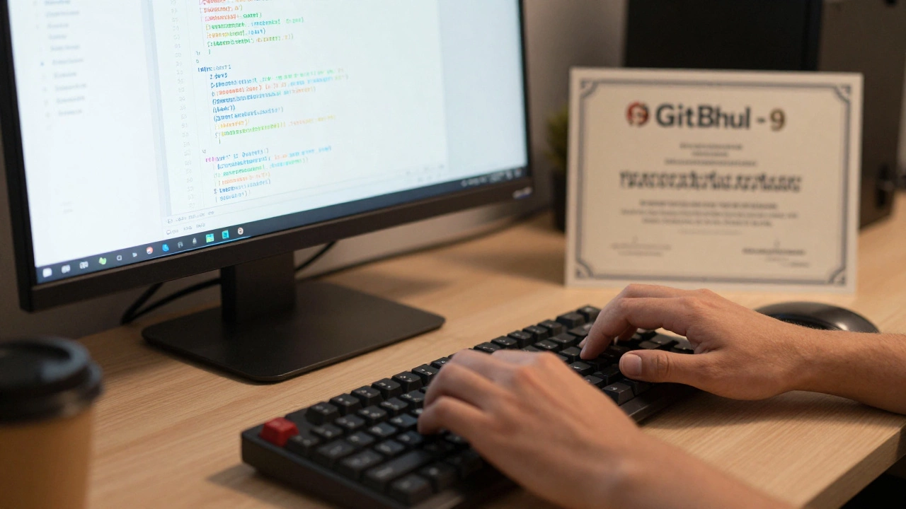 Hands coding on a keyboard with a portfolio project visible on a monitor