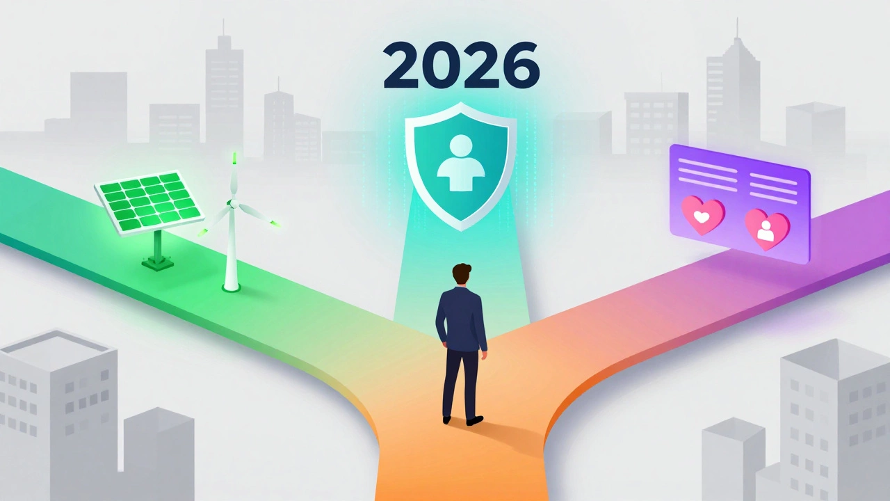 Illustration of career paths showing cybersecurity, green energy, and UX design