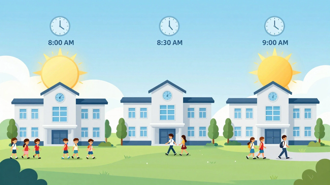 Illustration showing three school types with staggered start times.
