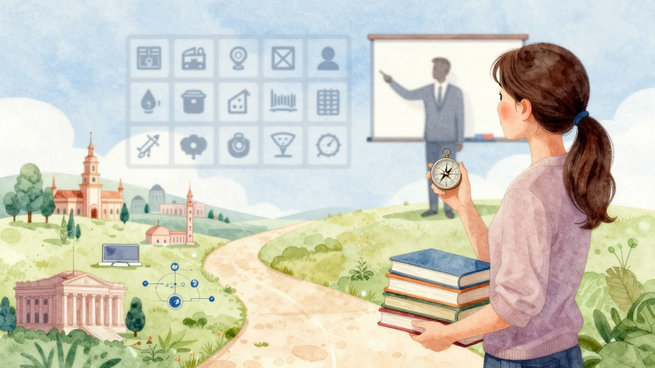 Mother holding compass near books, symbolizing homeschool planning vs online structure