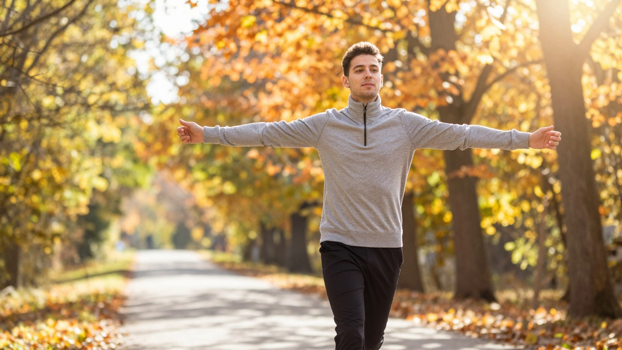 Person stretching and walking outdoors in sunlight to refresh their mind.