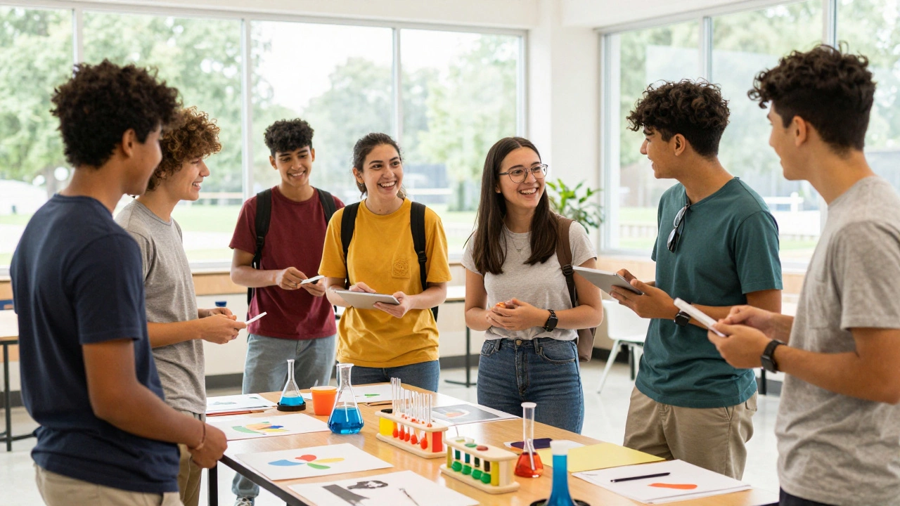 Teenagers collaborating on projects in a bright community space for socialization