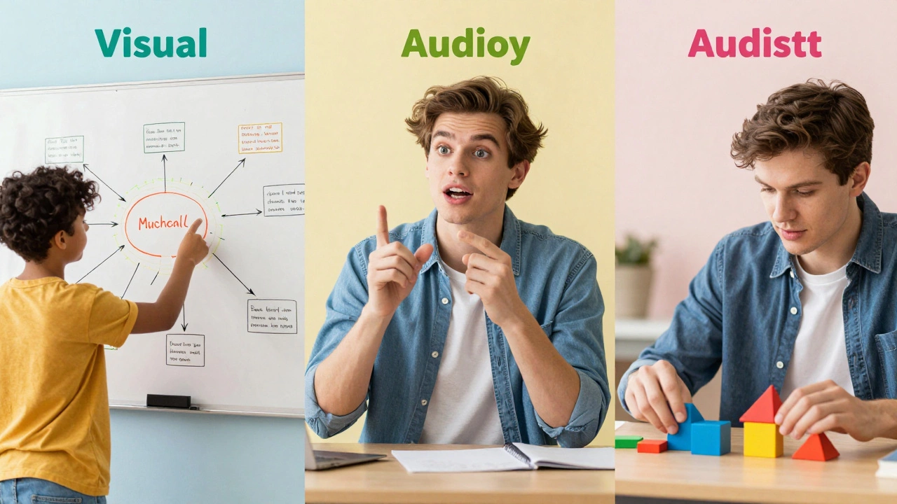 Three students using visual, auditory, and kinesthetic learning methods