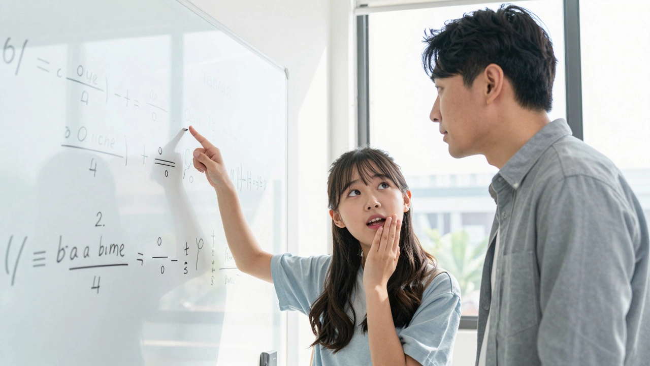 Tutor explaining math concepts to a confident student