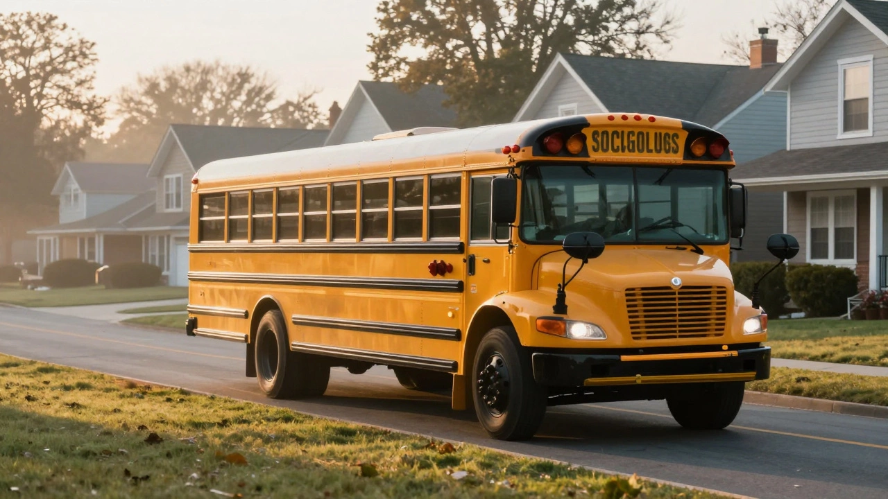 Yellow school bus driving down a misty residential street at dawn.