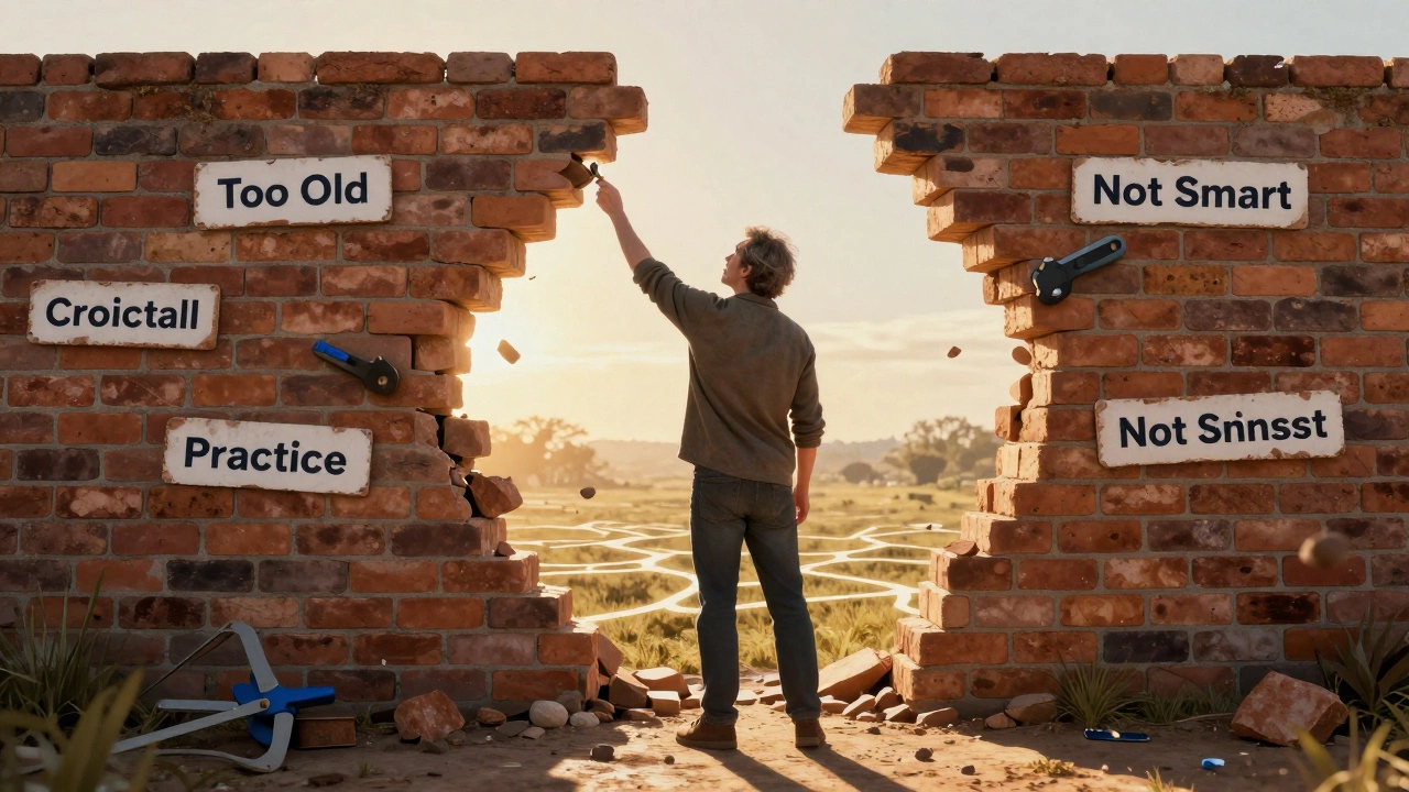 Adult breaking through mental barriers into a landscape of new learning opportunities