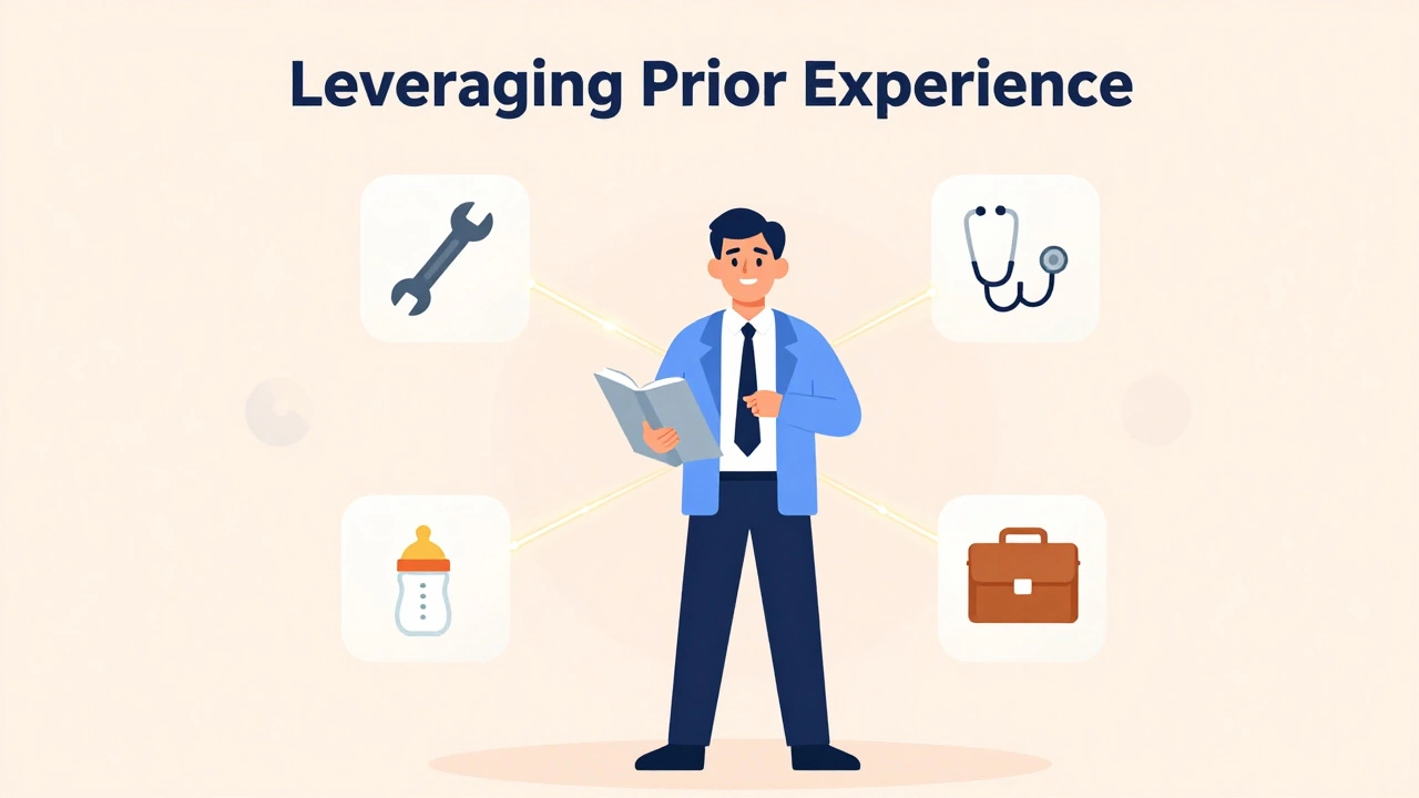 Adult professional connecting life experience icons to new learning materials