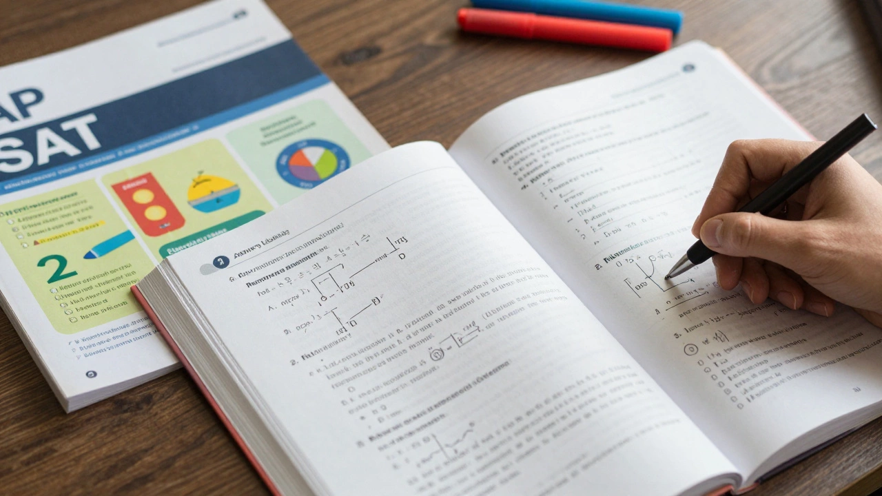 Desk with calculus book and SAT prep guides showing niche focus
