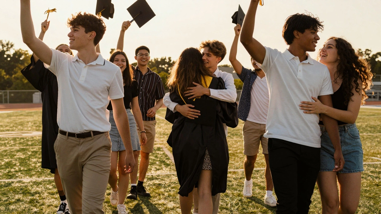 High school seniors celebrating graduation by tossing caps in the air at sunset