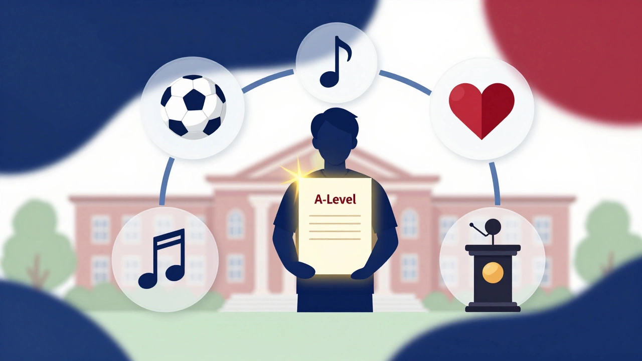 Illustration showing A-levels surrounded by extracurricular activity icons