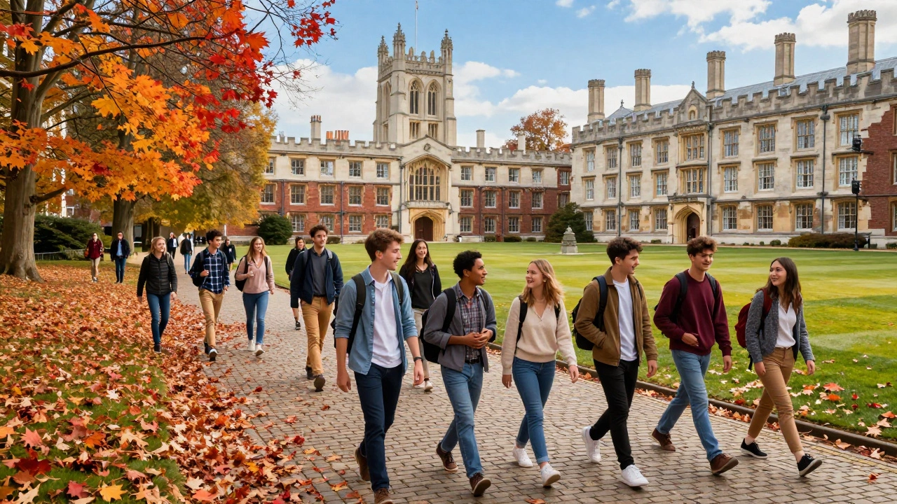 International students walking on a colorful US university campus in autumn