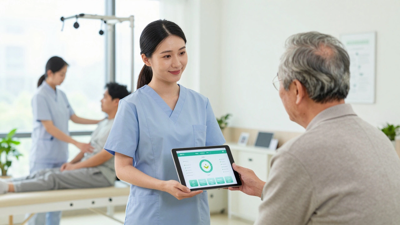 Nurse practitioner consulting with an elderly patient in a bright, modern clinic