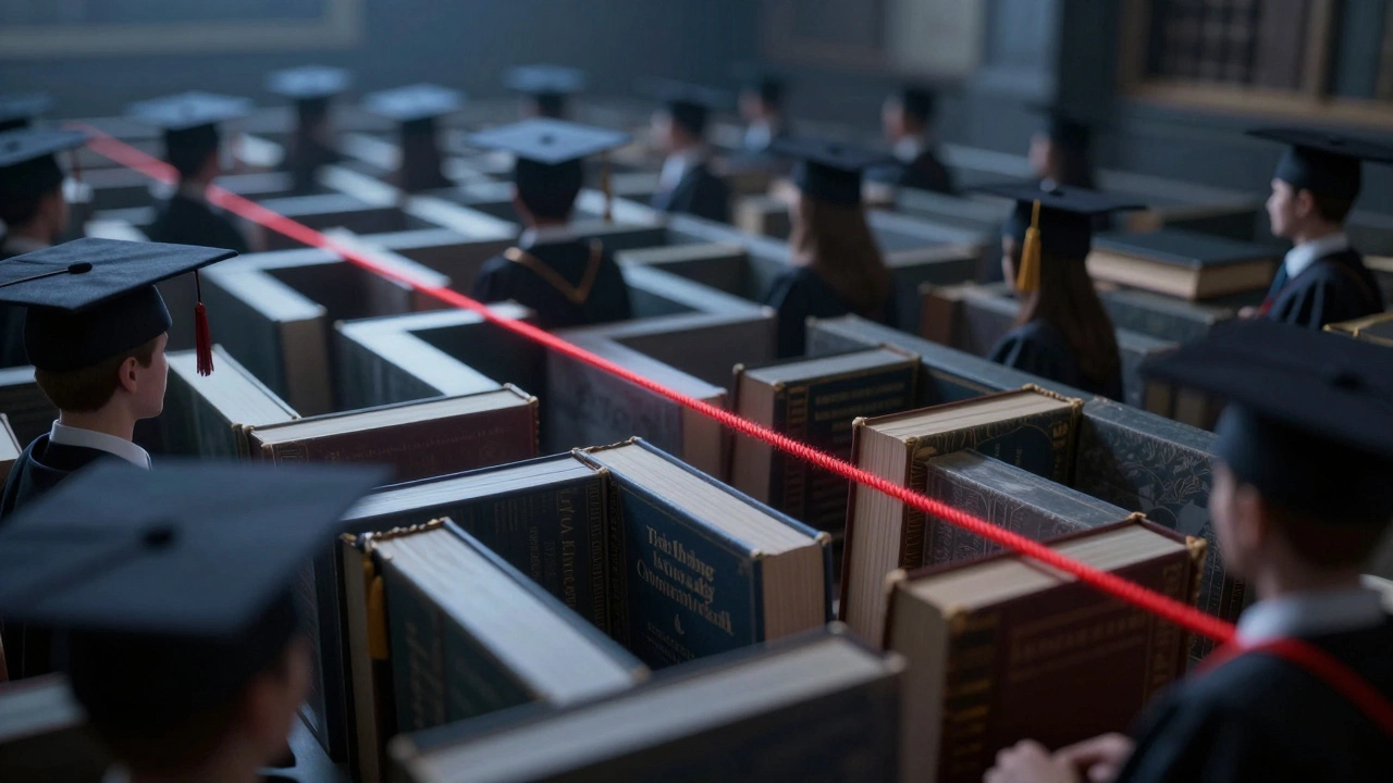 Red thread pulling through a maze of books symbolizing scholarship competition