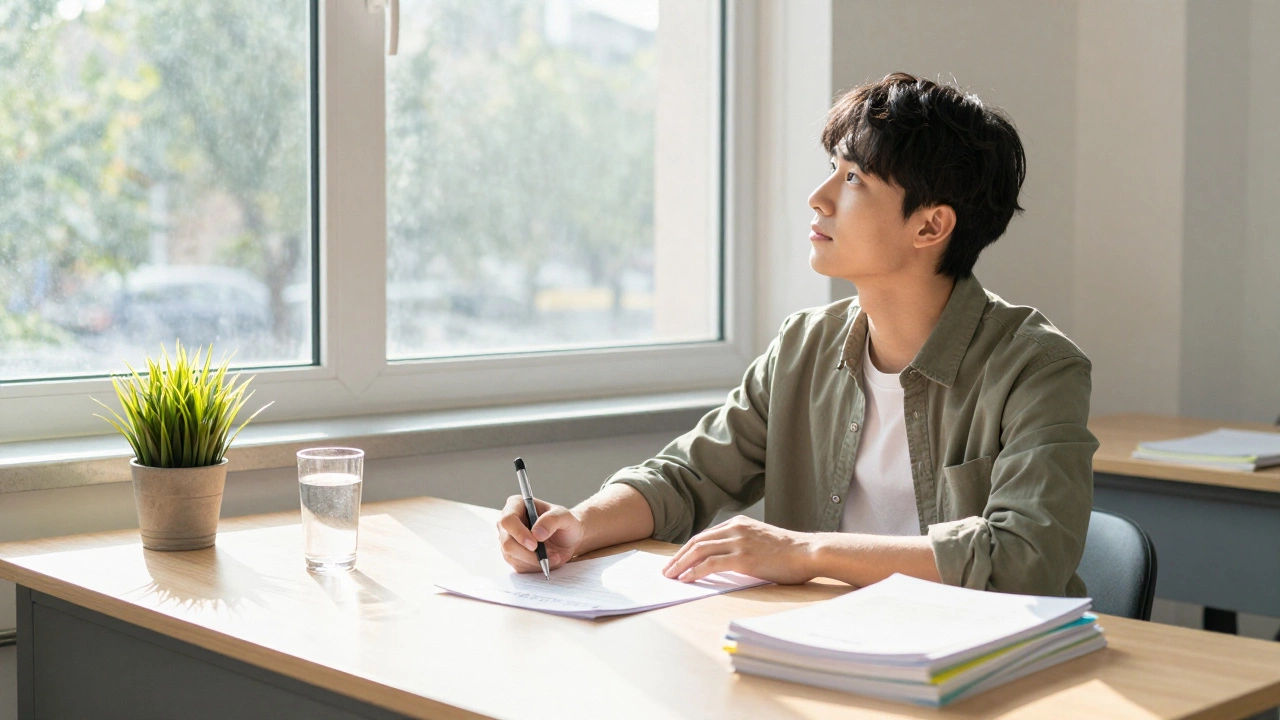 Relaxed student studying calmly at a sunlit desk with past papers