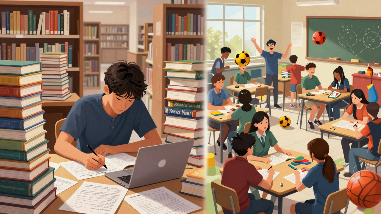 Split view contrasting solitary exam study with collaborative US senior year activities