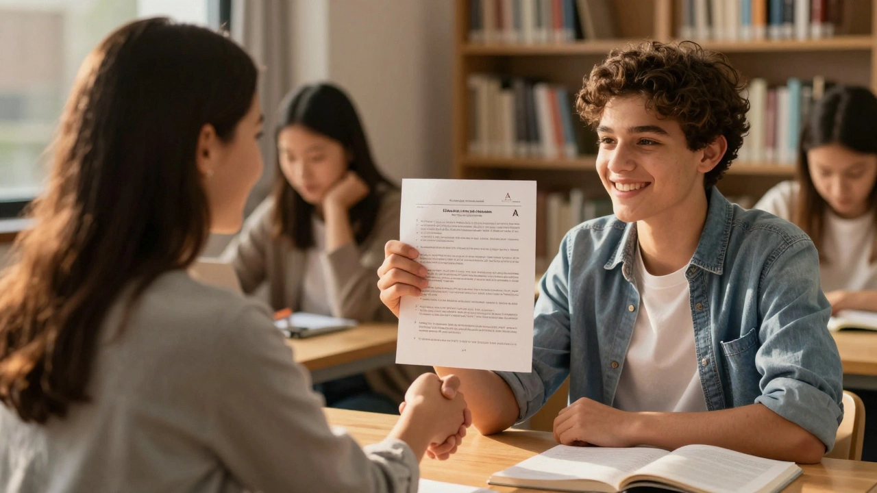 Student showing A grade to smiling tutor in library