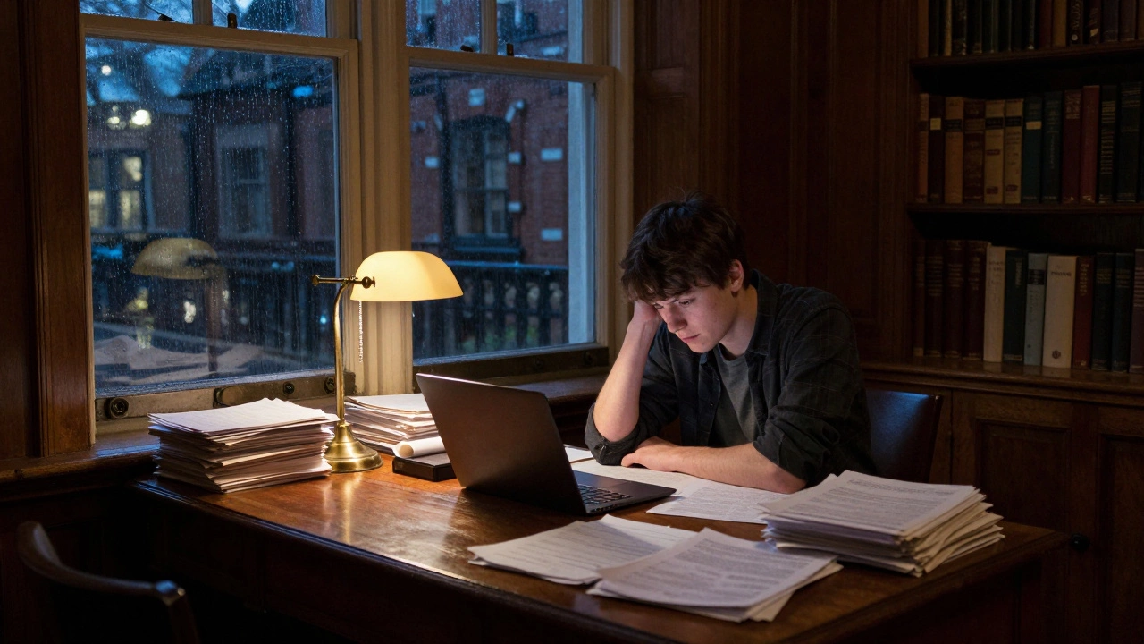 Student studying alone at a desk in a dimly lit library at night