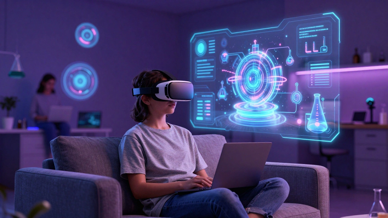 Student using VR headset for immersive holographic classroom experience