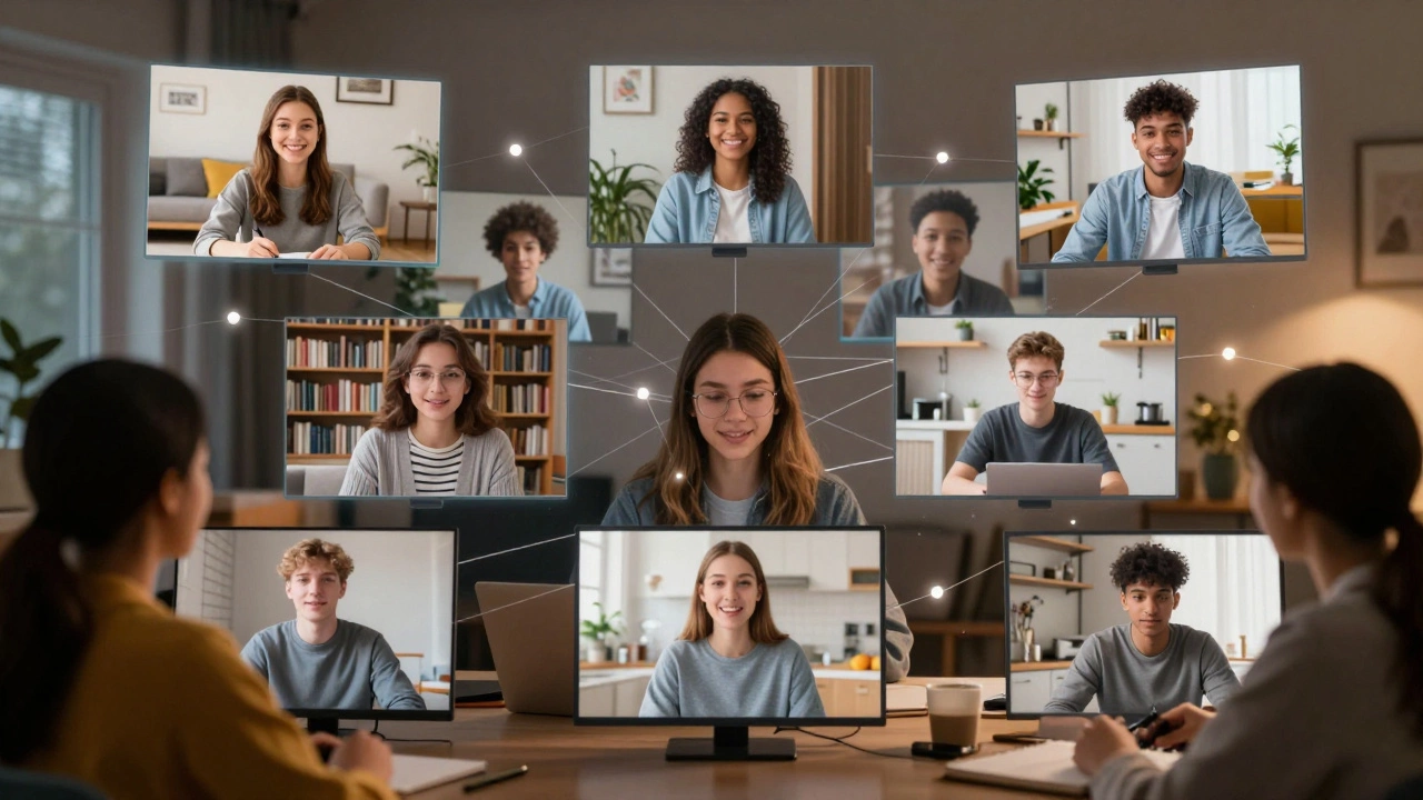 Students connecting virtually across different home environments via digital links