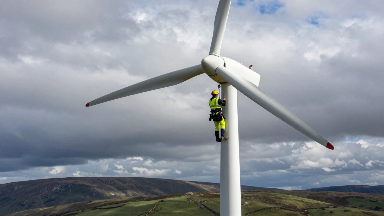 Wind turbine technician working atop a turbine in the Scottish Highlands