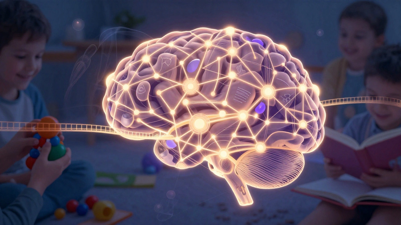 Abstract visualization of neural connections forming in a child's brain through play.