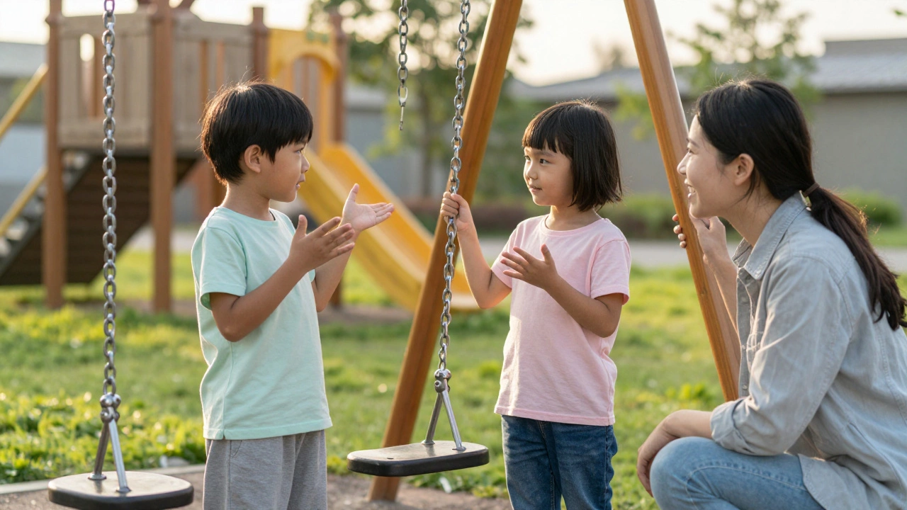 Children negotiating turn-taking on a playground while a teacher observes supportively.