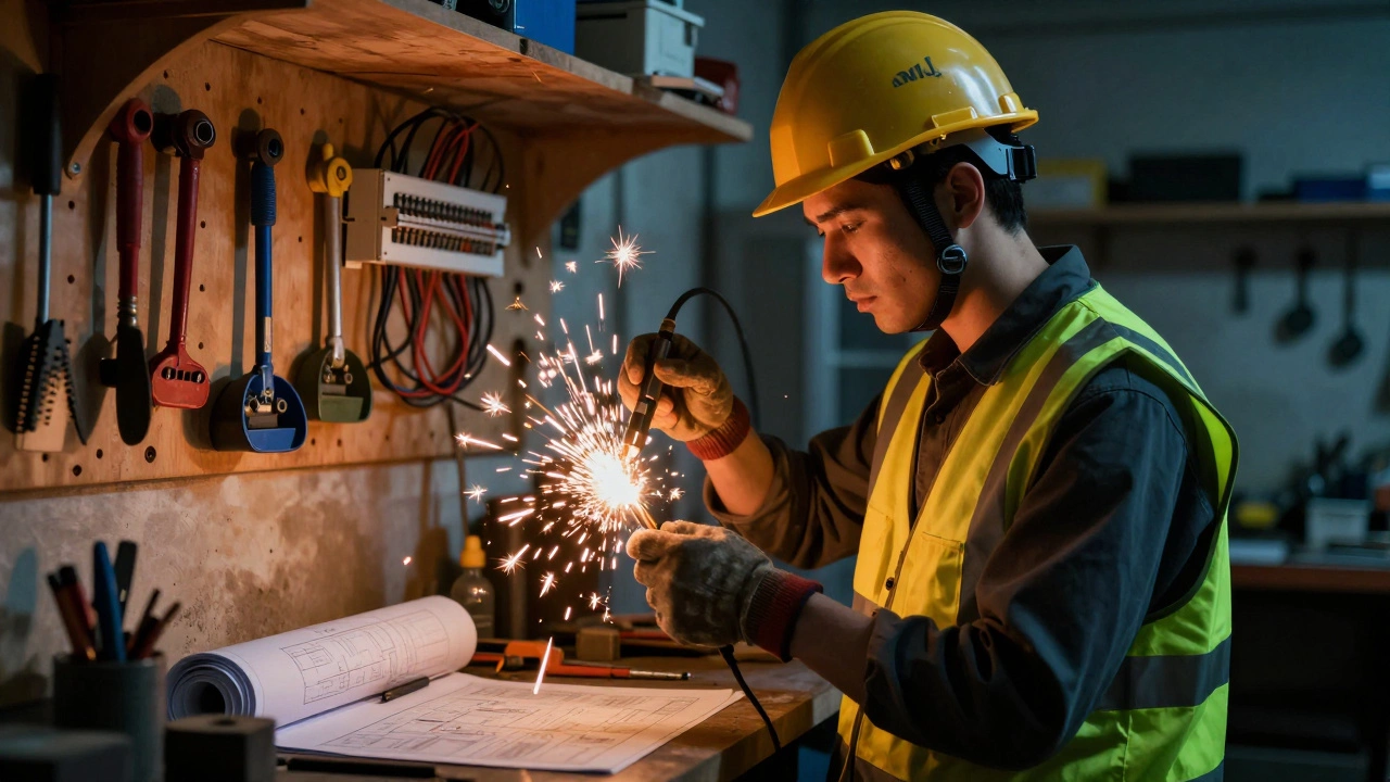 Electrician apprentice working with wires in an industrial workshop