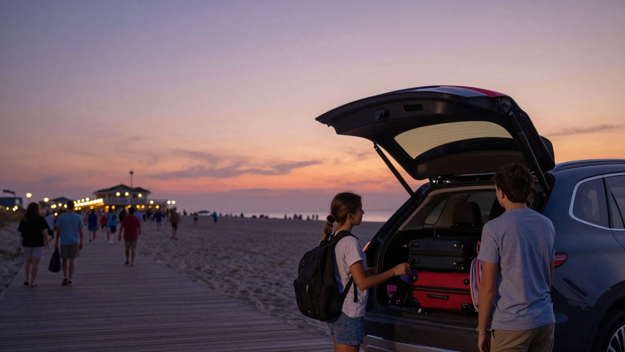 Family packing car for back-to-school trip during late August sunset