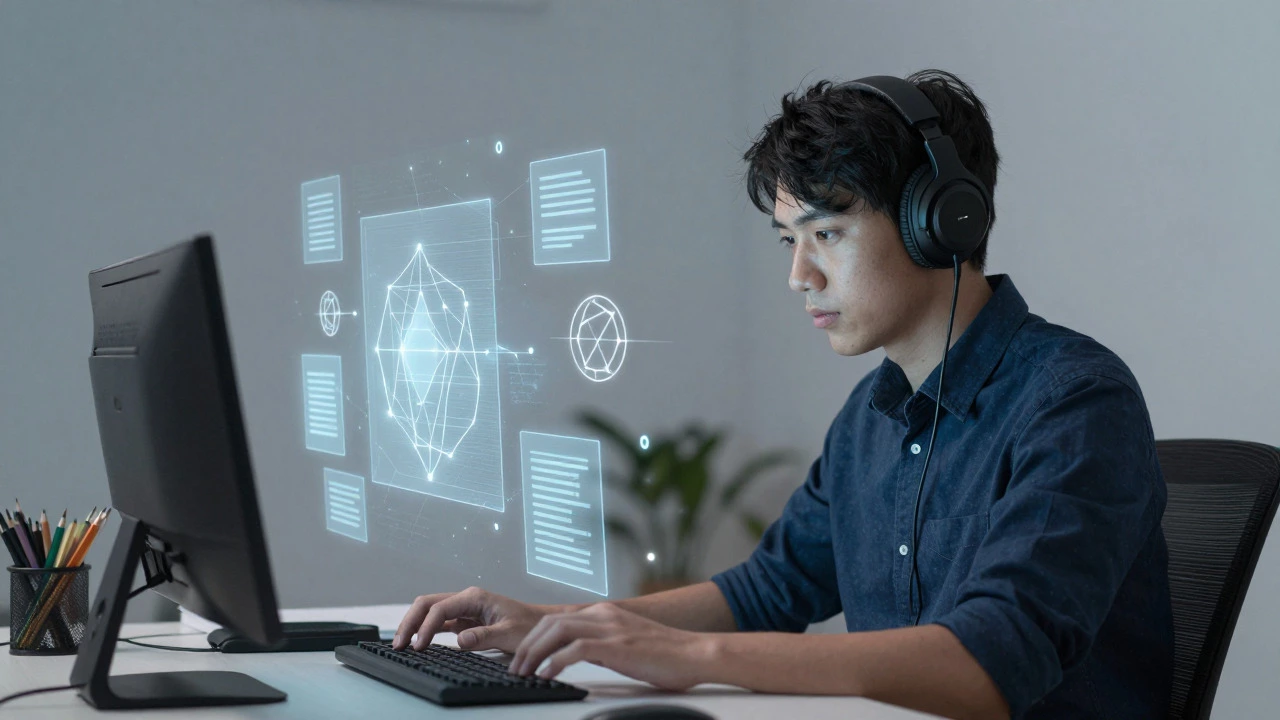 Focused learner in quiet home office with digital concepts
