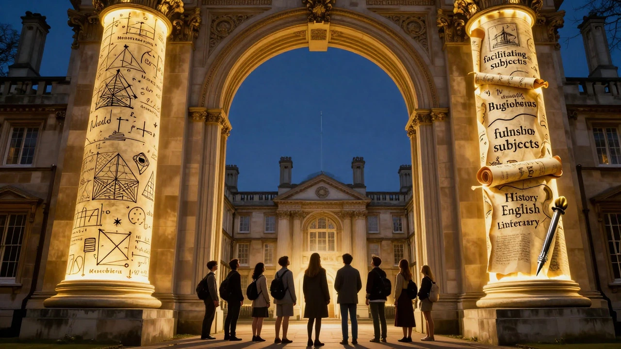 Glowing pillars of STEM and Humanities leading to a university gate