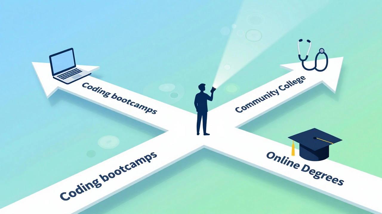 Illustration of diverging paths representing different adult education options