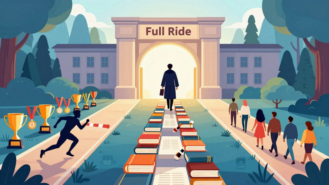 Illustration of three paths to scholarships: sports, academics, and niche