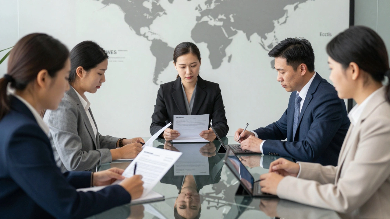 Professionals reviewing educational credentials at a modern desk