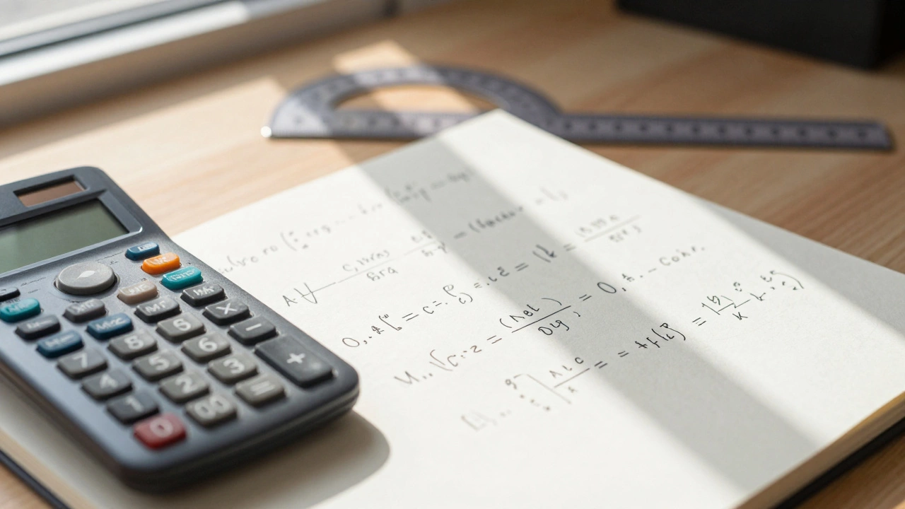 Scientific calculator and complex handwritten math proofs on desk