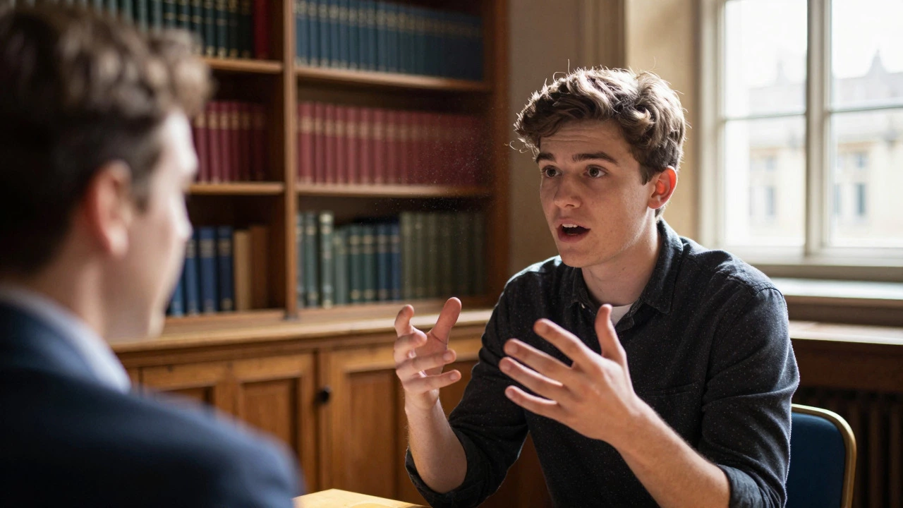 Student debating with professor in a Cambridge tutorial room