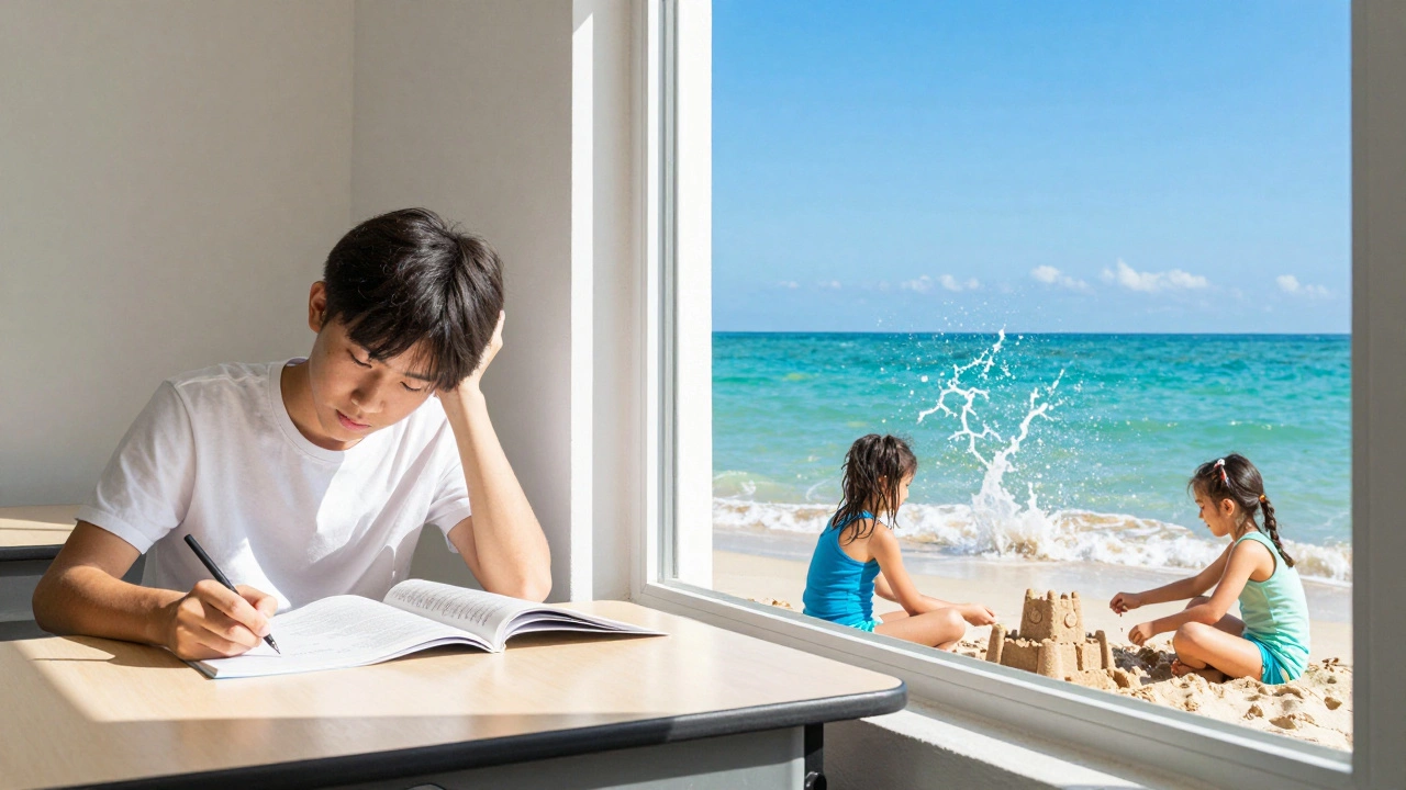 Student studying indoors while beach scenes reflect outside the window