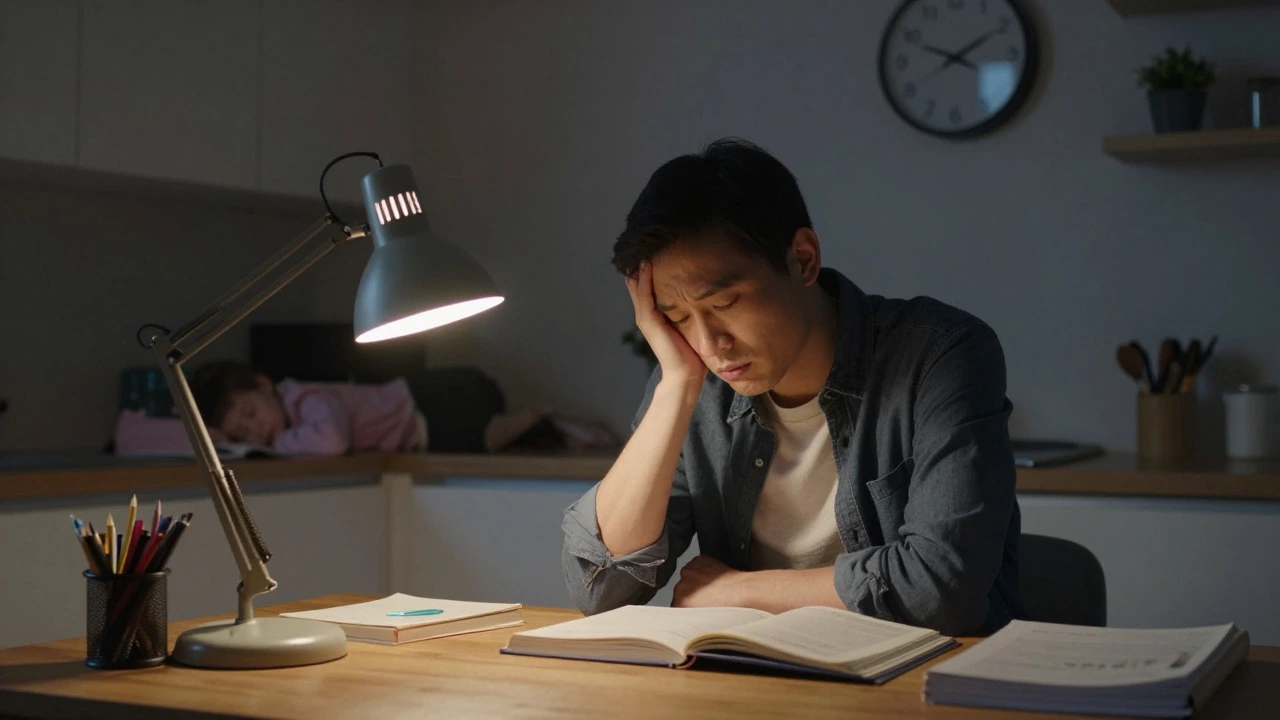 A tired but determined adult studying at home late at night amidst family life.