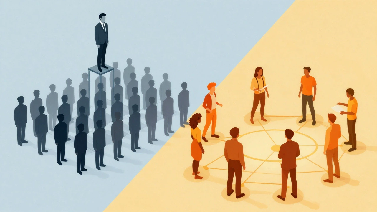 Artistic illustration contrasting passive student rows with active, connected adult learners
