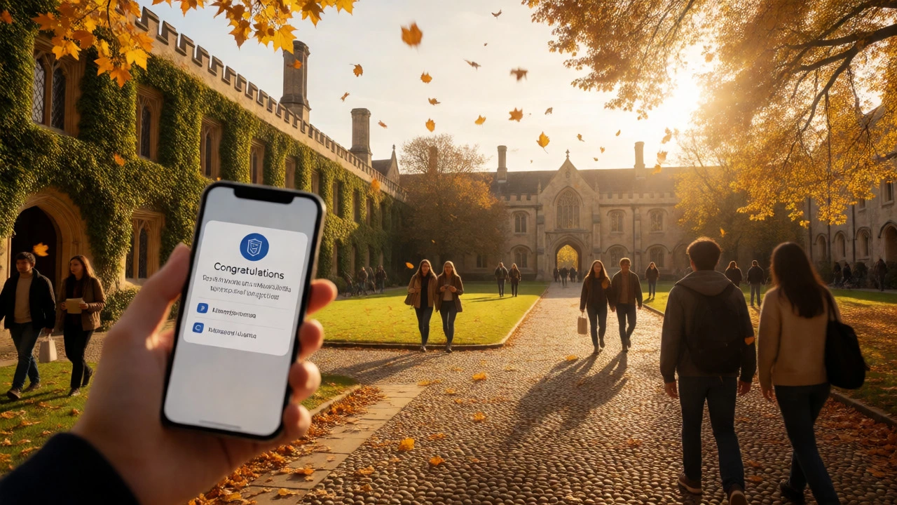 Autumn view of an American university campus with a phone showing an admission success message.