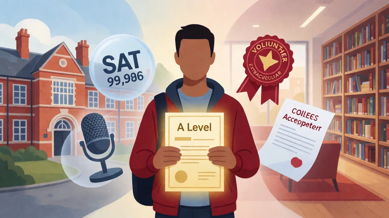 Conceptual image of a student balancing A Levels, test scores, and extracurriculars for US admissions.