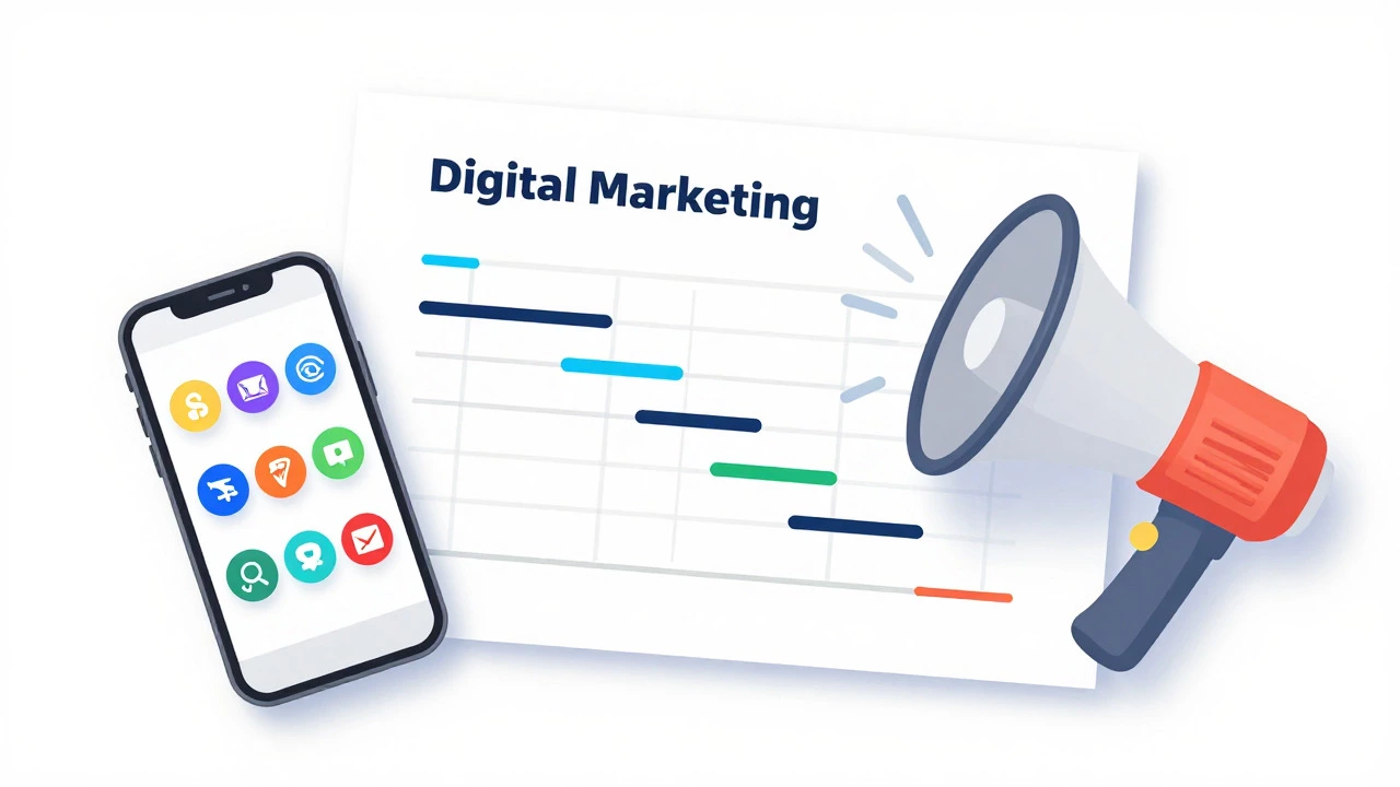 Flat lay of digital marketing and project management tools on a desk