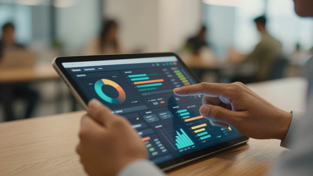 Hands using a tablet to view abstract data visualization dashboards