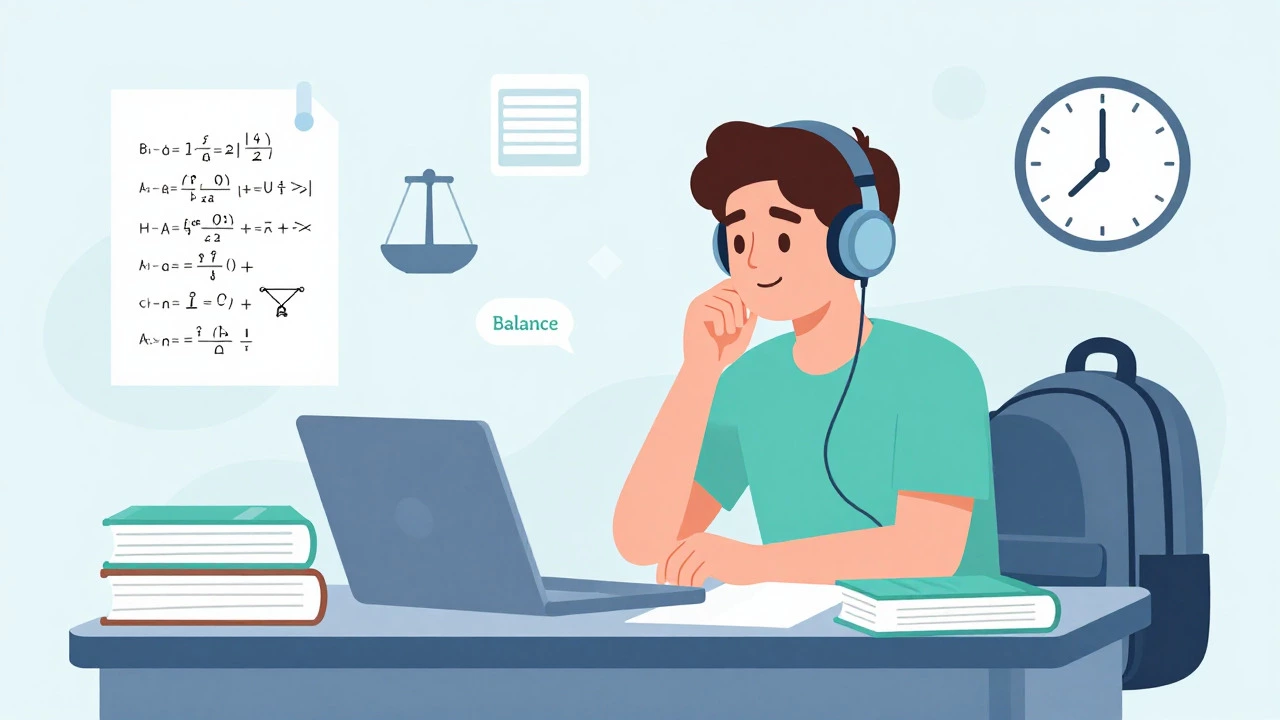 Illustration of a student balancing textbooks and tutoring materials on a desk.